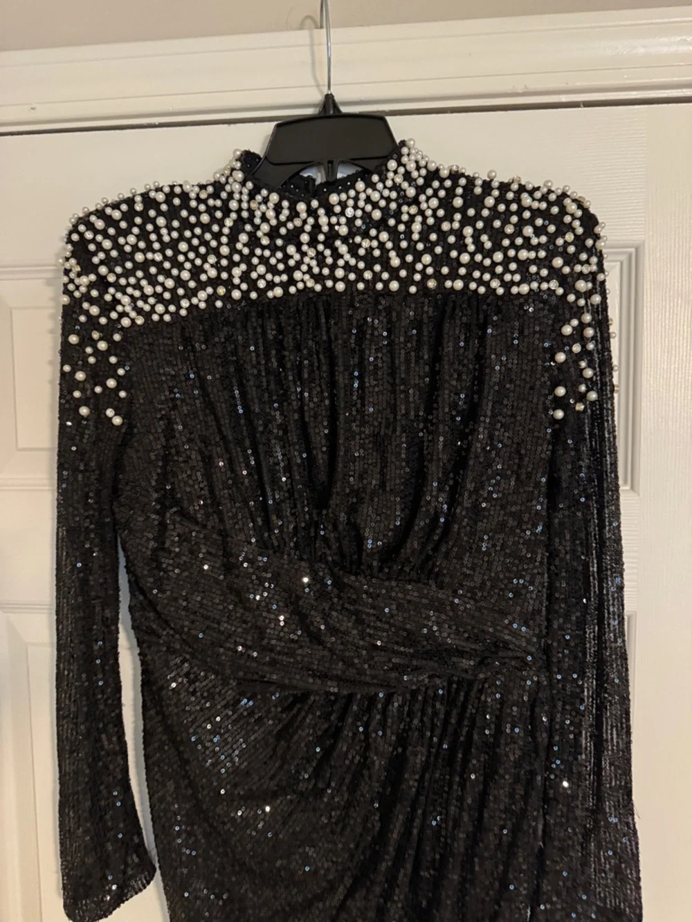 Black Beaded Long Sleeve Evening Gown - Picture 2 of 6